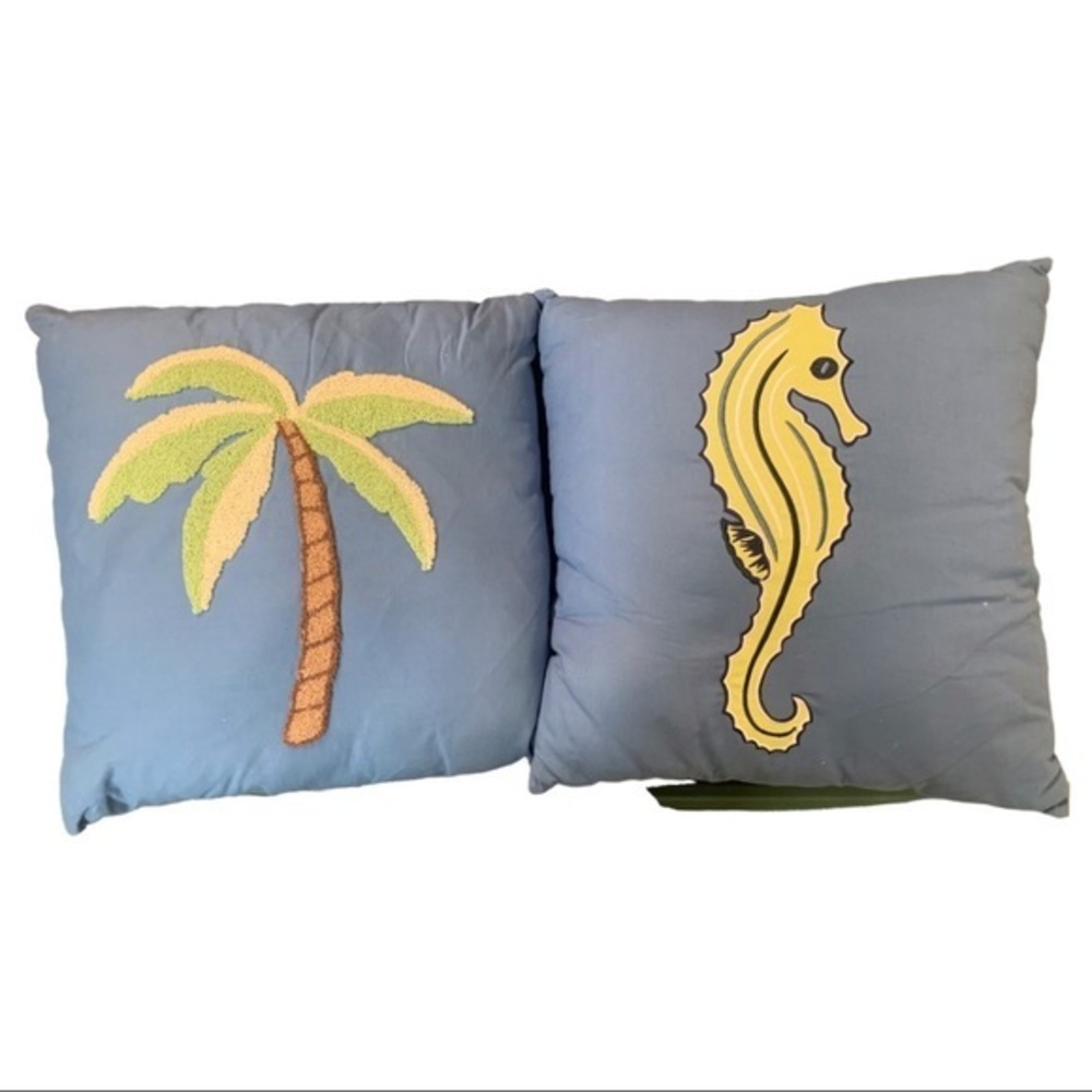 BEACH Themed Decorative Pillows Palm Tree Seahorse set of 2 Blue Cotton 15”